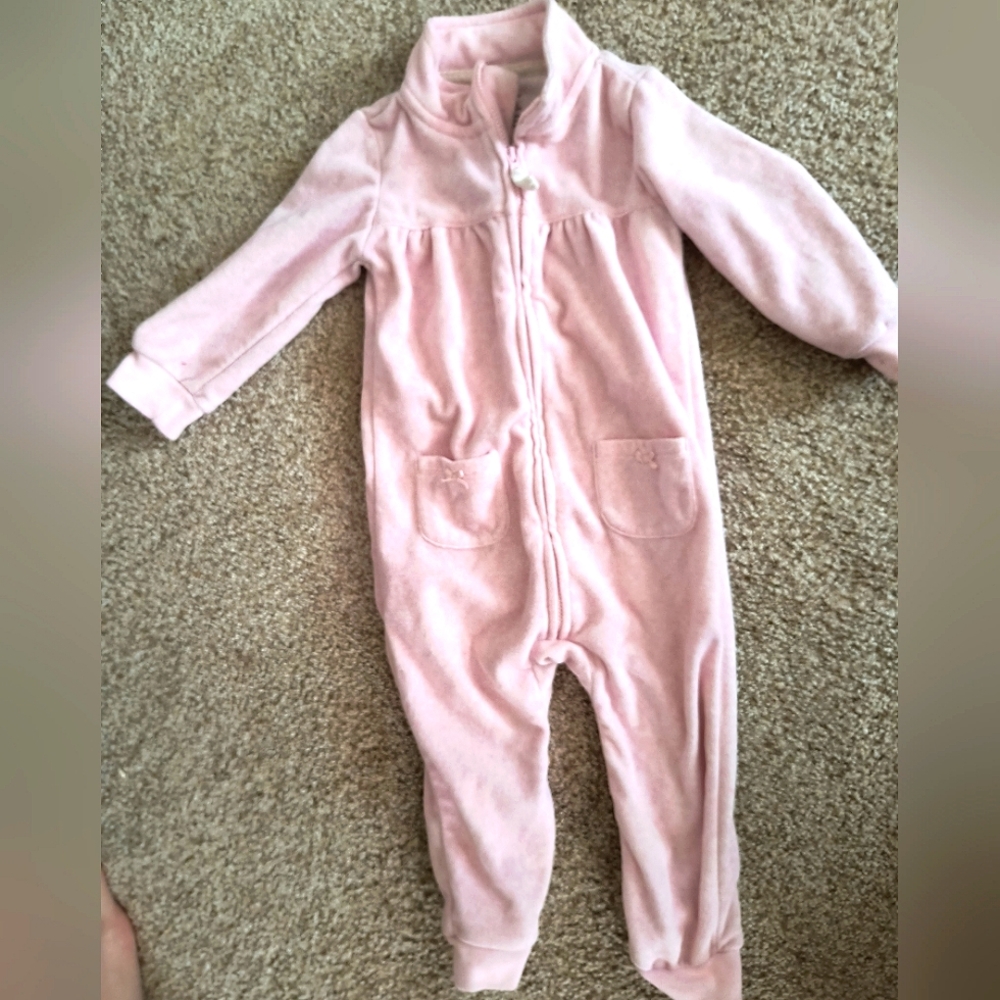💎Carter's Light Pink Fleece Long Sleeve Zip-Up Romper with Bear on Rear 18 mo